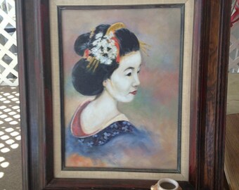 M. Hill Vintage Geisha Girl Oil Painting (1976) - With (1950) Geisha Girl 5" Vase