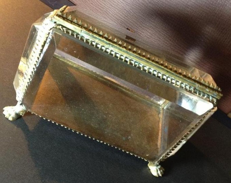 Antique Brass /& Glass Jewelry Trinket BoxThick Glass hexagonal Glass Edges