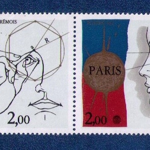 May include: Two French postage stamps with a value of 2.00 Francs. The stamps feature a geometric design with the words "France" and "Paris" in brown circles. The stamps also feature a black and white illustration of a human eye and face.