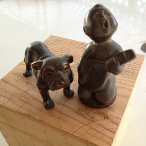 Vintage Solid Bronze Bulldog Figurine Dodge USA Lambies Boy and Steal Boy With Banjo