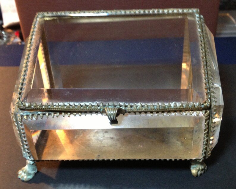 Antique Brass /& Glass Jewelry Trinket BoxThick Glass hexagonal Glass Edges