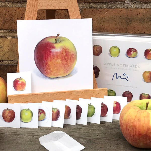 Apple Notecards, Set of Ten Cards with Envelopes and Stickers Featuring Realistic Life-Size Prints of Hand-Painted Apples, 5.5 X 5.5 inches