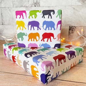 Papel de embrulho de elefante • Elefantes multicoloridos • Folhas de embrulho grossas de alta qualidade 29X20” • Papel de embrulho com tema de safári • Silhuetas de elefante