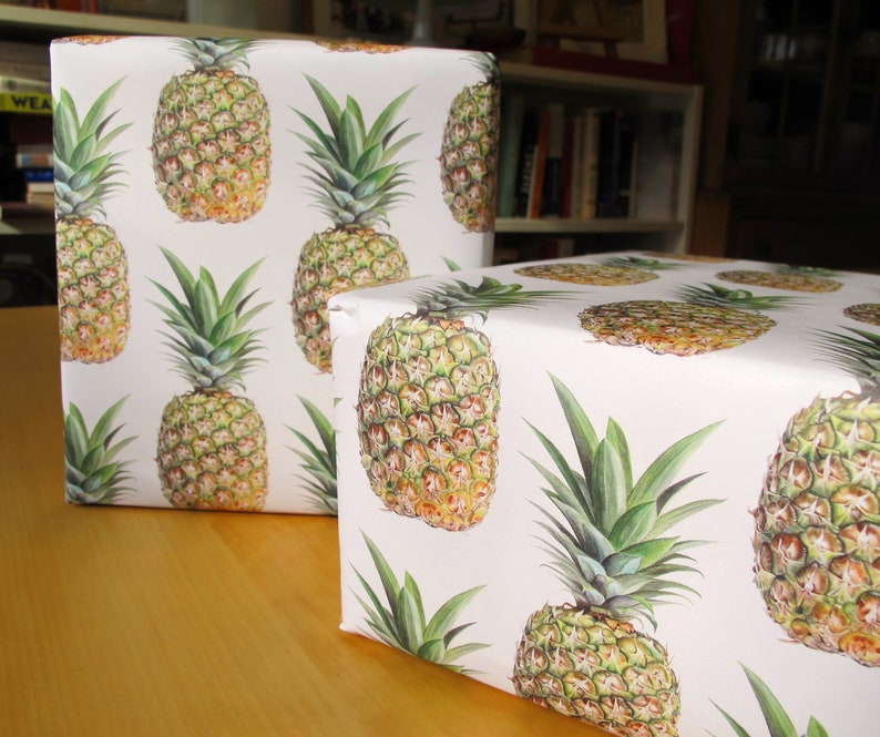 Each sheet of pineapple wrapping paper can wrap two shoe-box-sized gifts or many small ones.