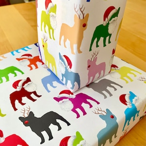 Französische Bulldogge, Weihnachtsgeschenkverpackung, Weihnachtsmann Frenchies, hochwertige 20X29 ”Geschenkpapierbögen, festliche Furbaby Geschenke, bunte Weihnachtshunde