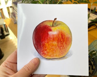 Apple Notecards, Set of Ten Cards with Envelopes and Stickers Featuring Realistic Life-Size Prints of Painted Apples, 5.5 X 5.5 inches