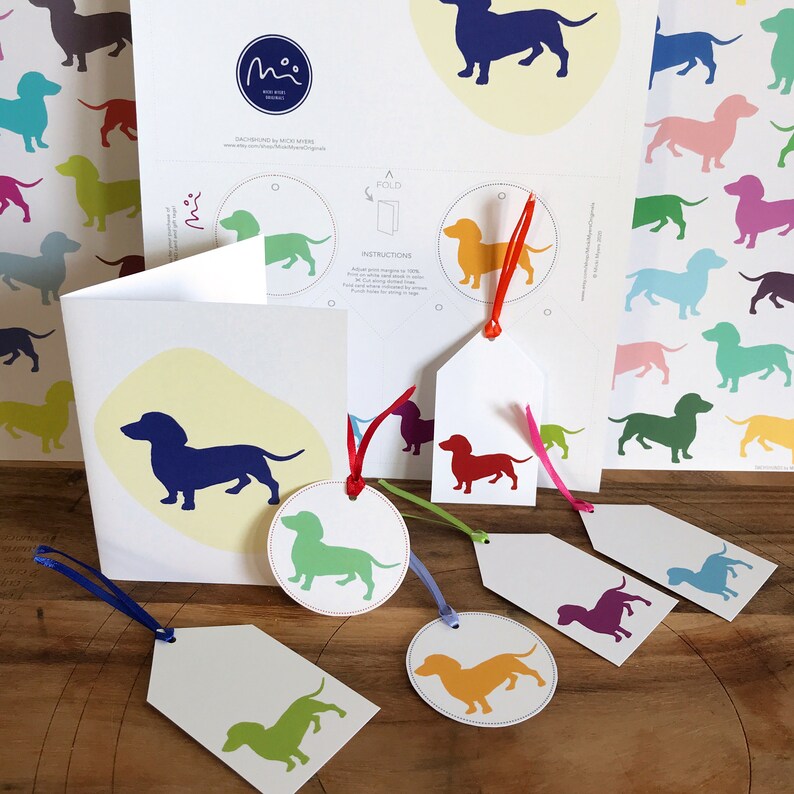 Downloadable card and gift tags to match the dachshund wrapping paper.