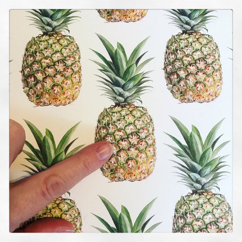 Close-up detail of the pineapples on this high-quality giftwrap with my finger pointing to one for scale. Each pineapple is about the size of a forefinger and looks so real you could pick it up!