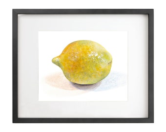 May include: A watercolor painting of a yellow lemon with a green tinge, sitting on a white background. The lemon is slightly tilted to the right, and the artist's signature is visible in the bottom right corner.