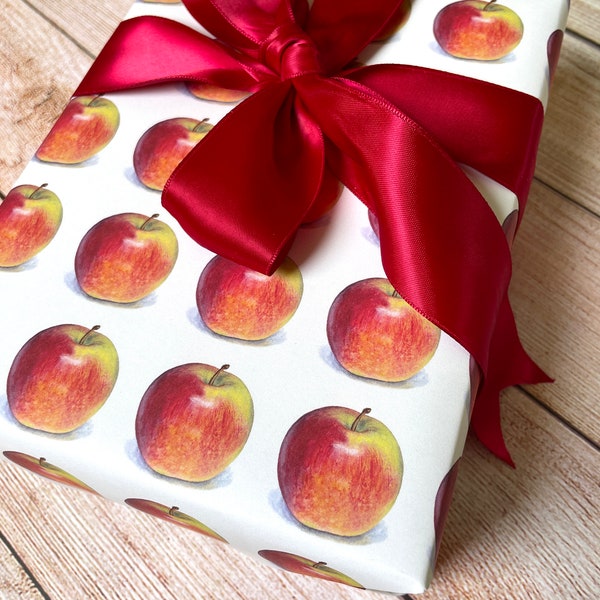 Apple Giftwrap • 20X29” Wrapping Sheets • High Quality Thick Giftwrap • Realistic Hand-Painted Traditional Red Apples on Paper