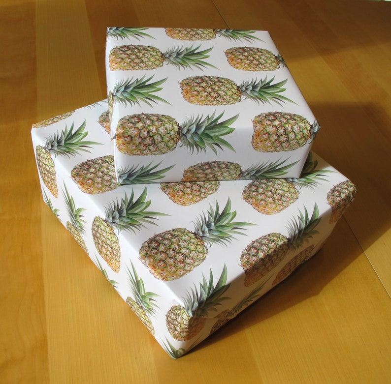 Each pineapple printed on this luxury giftwrap is a 4-inch high reproduction of a life-sized realistic painting I did of a pineapple.