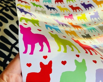French Bulldog Valentines Giftwrap • High Quality 20”X29” Wrapping Sheets • I LOVE Frenchies Paper • Multicolored Silhouettes with Hearts