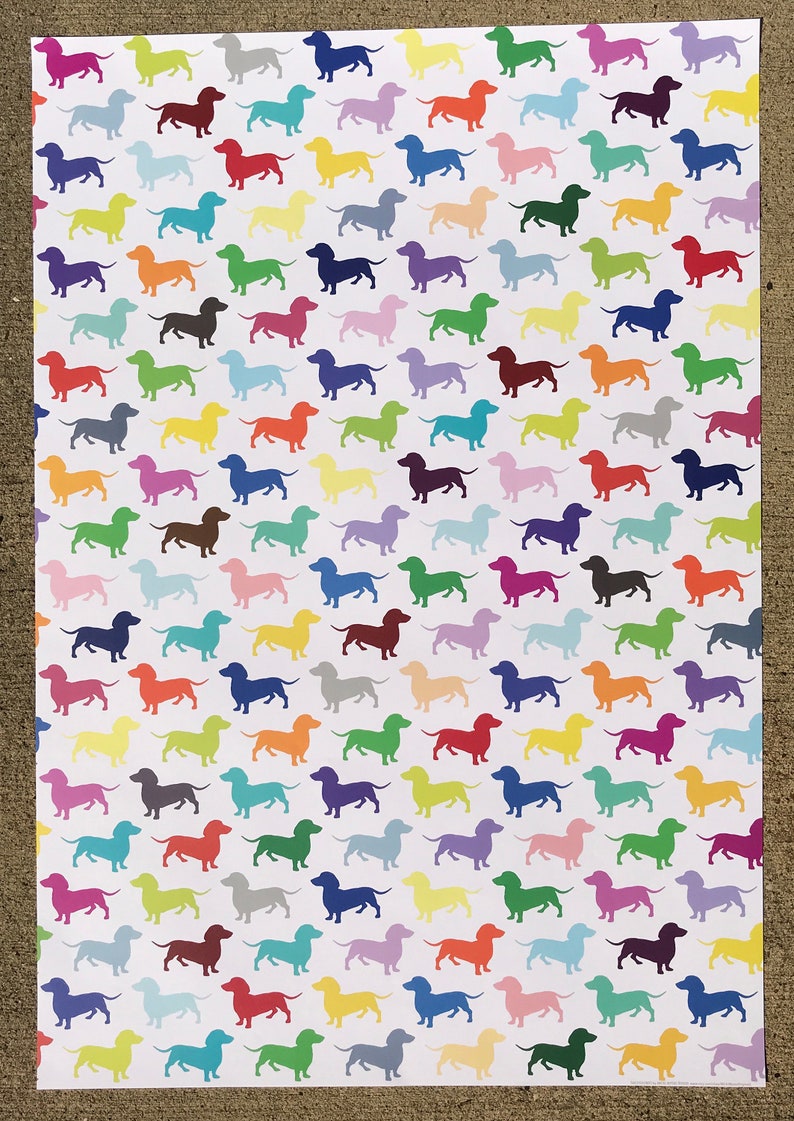 An entire sheet of dachshund wrapping paper showing the playful pattern of many colored dogs.