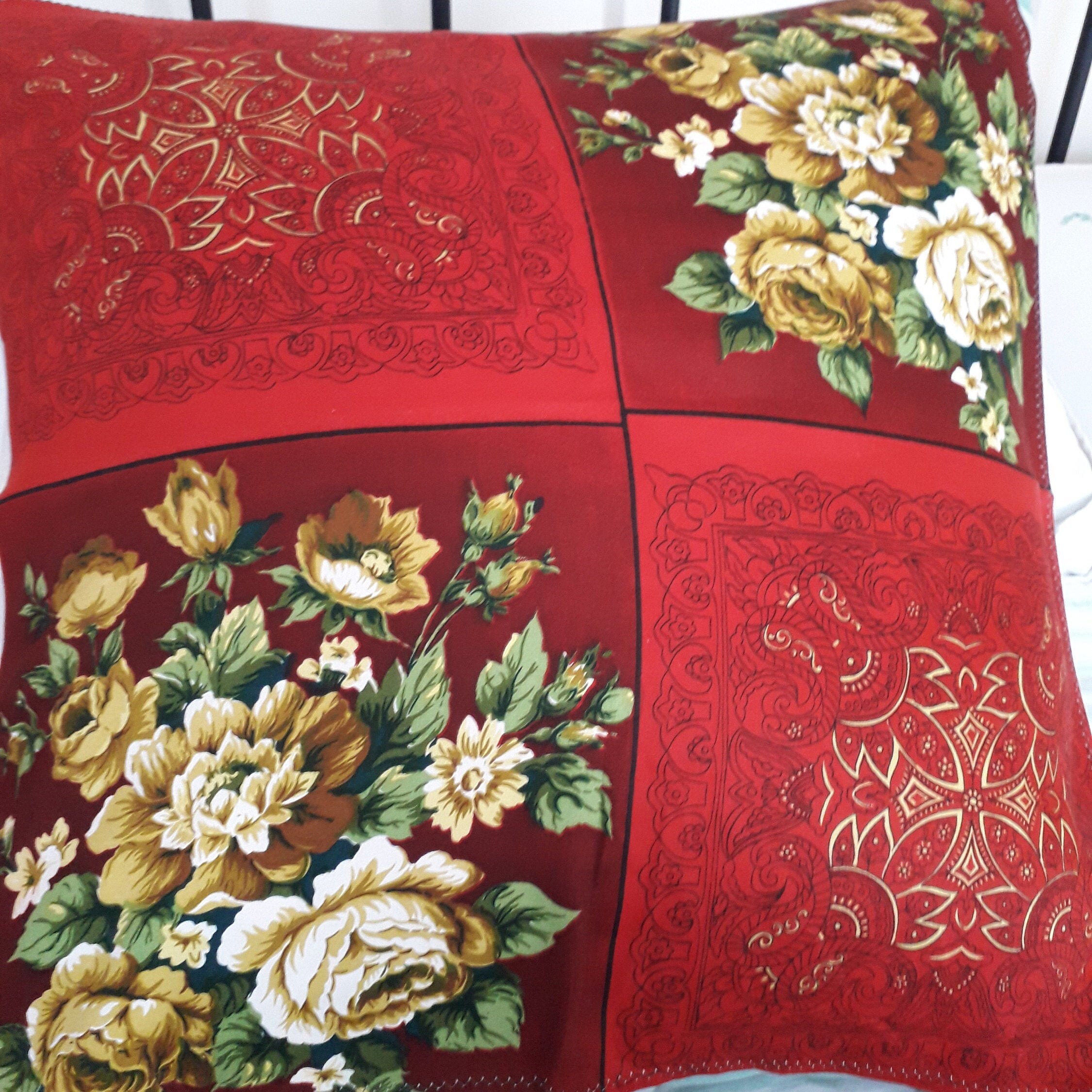 Vintage red floral fabric panel Etsy
