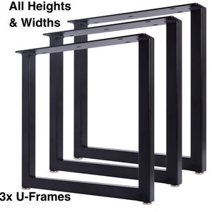 3x U Shaped Legs - Set of 3 Square Tubed Metal Table Legs (10" - 35" ) - Black U-Frame - Perfect for DIY Table Bench or Farmhouse Table