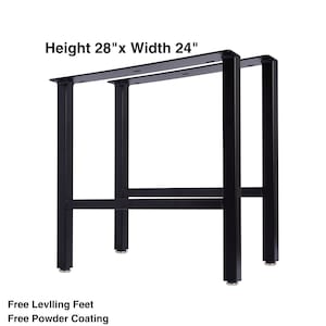 May include: Two black metal table legs with adjustable feet. The legs are 28 inches tall and 24 inches wide. The legs are powder coated.