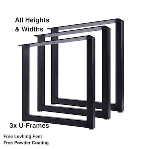 3x U Shaped Legs - Set of 3 Square Tubed Metal Table Legs (10" - 35" ) - Black U-Frame - Perfect for DIY Table Bench or Farmhouse Table