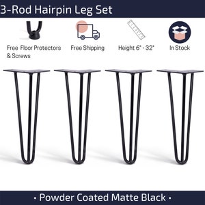 4x Black 3-Rod Hairpin Legs Powder Coated 6&quot; to 36&quot;