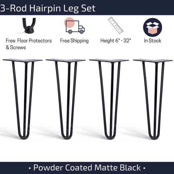 4x Black 3-Rod Hairpin Legs Powder Coated 6" to 36"