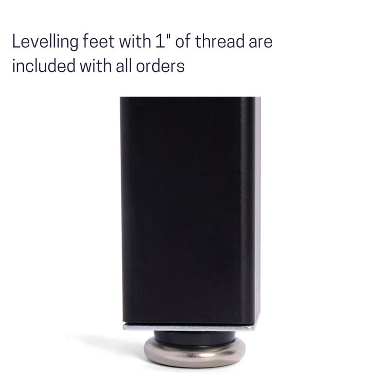 May include: Black metal table leg with a silver adjustable leveling foot. The foot has a 1 inch threaded screw.