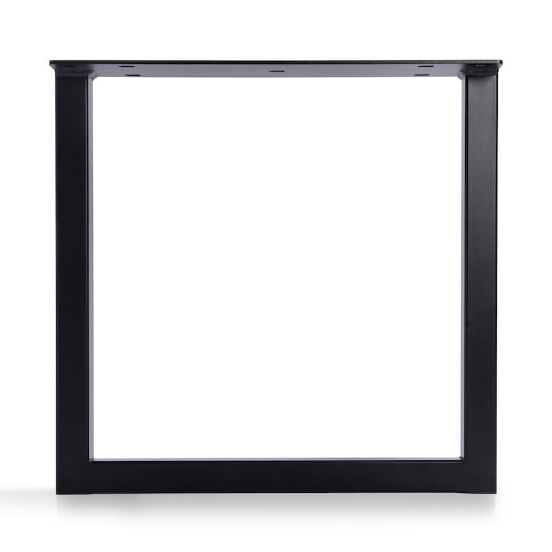 May include: Black metal table base with a square frame. The base is made of sturdy metal and has a simple, modern design.