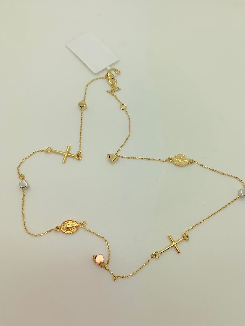 14k Solid Gold Rosary Bead Cube Necklacedainty Cross Etsy