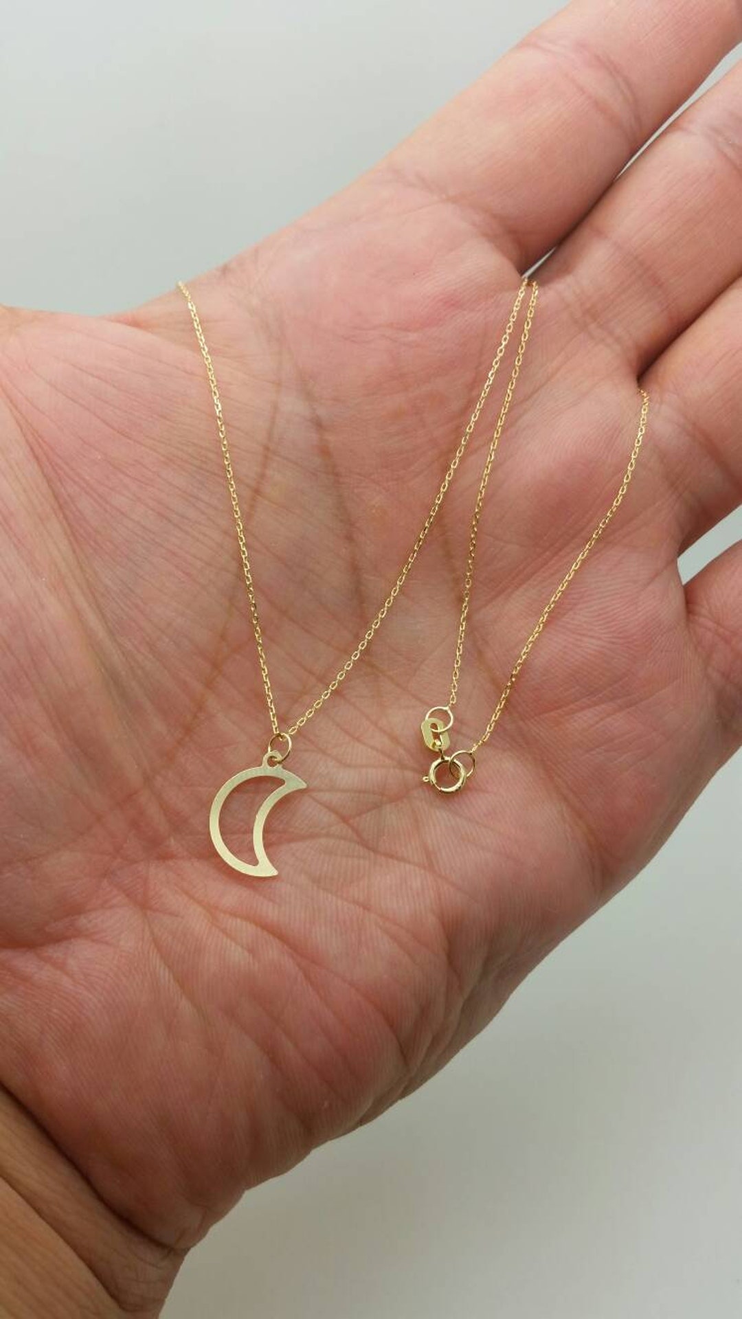 14k Solid Yellow Celestial Gold Moon Pendant Necklace Dainty