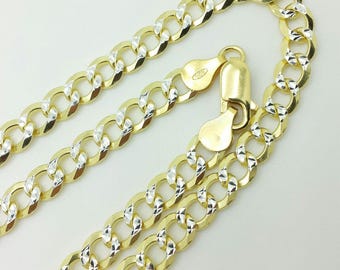 925 Sterling Silver Italian Solid Yellow Pave Cuban Curb Link Chain 20"-30" 7mmFathers Day Gift/Best Selling Sale