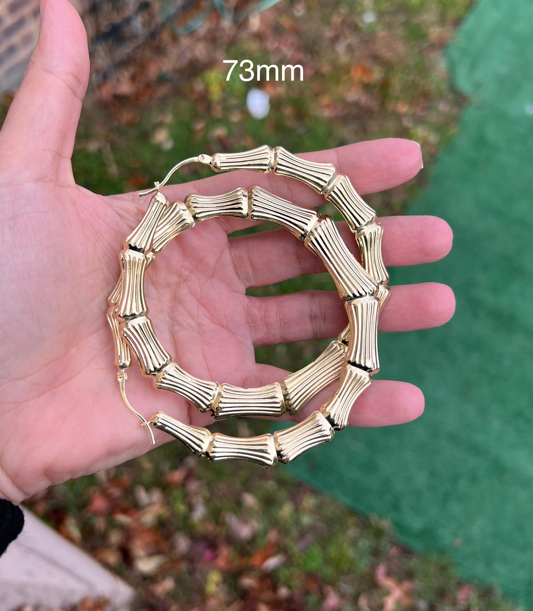 Large 10k Yellow Gold Round Bamboo Hoop Earrings 2.9 Inches Diameter