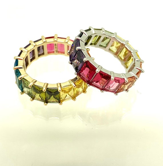 925 Sterling Silver Rainbow Emerald Eternity Ring