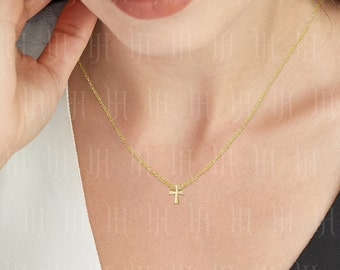 14k Solid Yellow Gold Mini Cross Pendant Charm  Necklace Dainty minimalist Religious Jewelry Best Selling