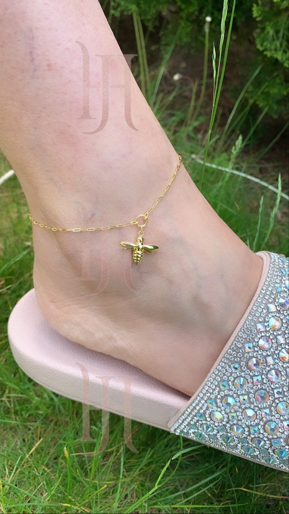 14K Solid Gold Bee Anklet Adjustable Anklet Thick Stackable Bee Charm Anklet Chain Gifts for Her Summer Anklet Etsy Canada