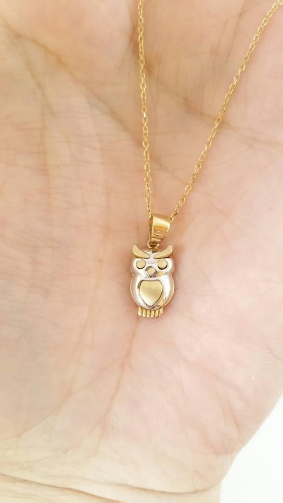 14K Yellow Gold Owl Charm Pendant with 0.8mm Box Chain Necklace