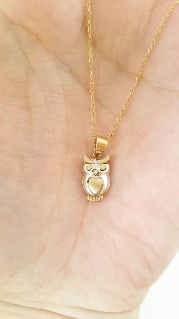 14k Solid Gold Owl Necklace Pendant 