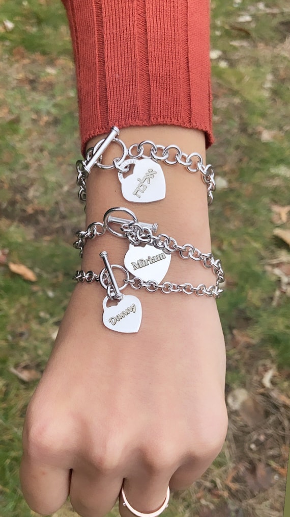 925 Solid Silver Toggle Heart Charm Bracelet Personalized - Etsy Israel