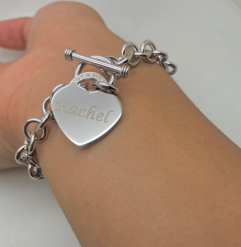 925 Solid Silver Toggle Heart Charm Bracelet Personalized 