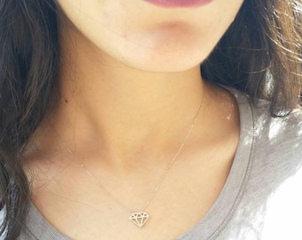 14k Solid White Gold 3D Diamond Shaped Pendant,Layering Necklace,Geometric Diamond Charm,Gemstone Necklace,Best Selling. Gift for her