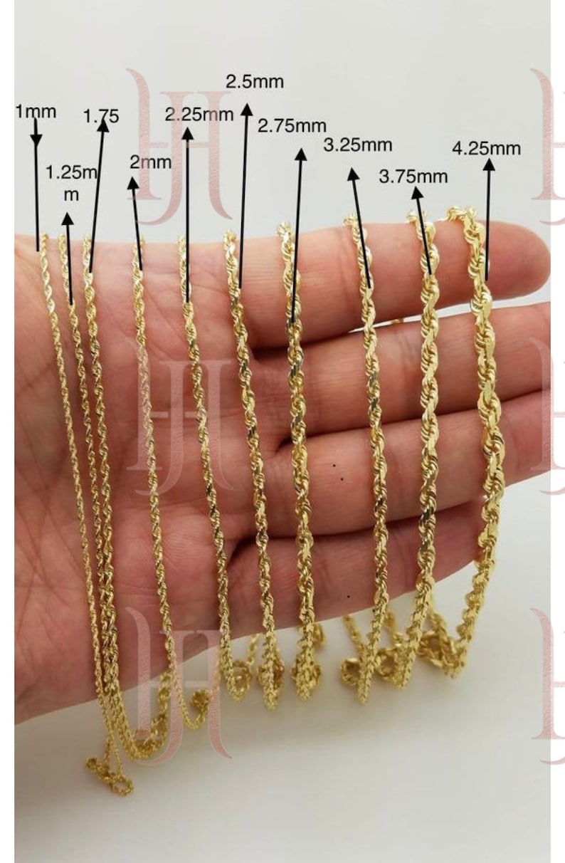 May include: A close-up of nine gold rope chains of varying thicknesses, ranging from 1 mm to 4.25 mm. The chains are laid out in a row on a hand, with the thickness of each chain labeled in millimeters.