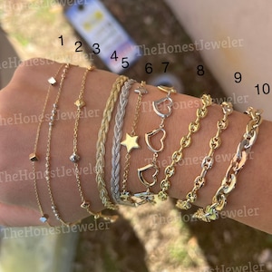 14k Tri Color Gold Bracelets, Braided Fox, Diamond Cut, Puffed Mariner,Heart, Star, Moon Bead, Cubed, Layering Bracelet, Link Bracelet,Gift