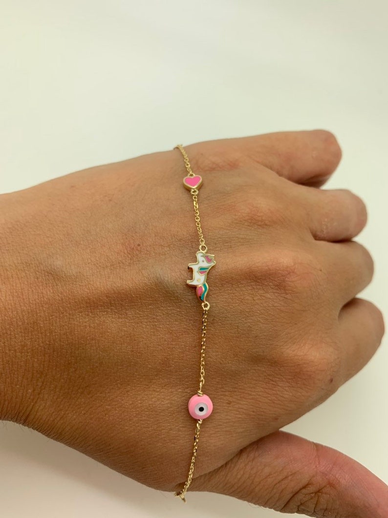 14k Solid Gold Baby Charm Bracelet Evil Eye Bracelet Unicorn Etsy UK