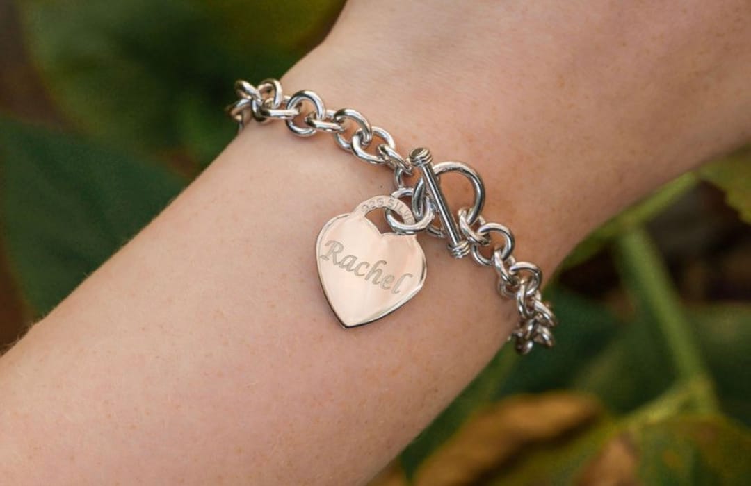 925 Solid Silver Toggle Heart Charm Bracelet Personalized 