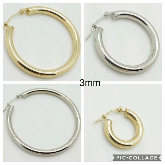 14k White Gold High Polish Tube Hoop Earrings 3mm x 30mm