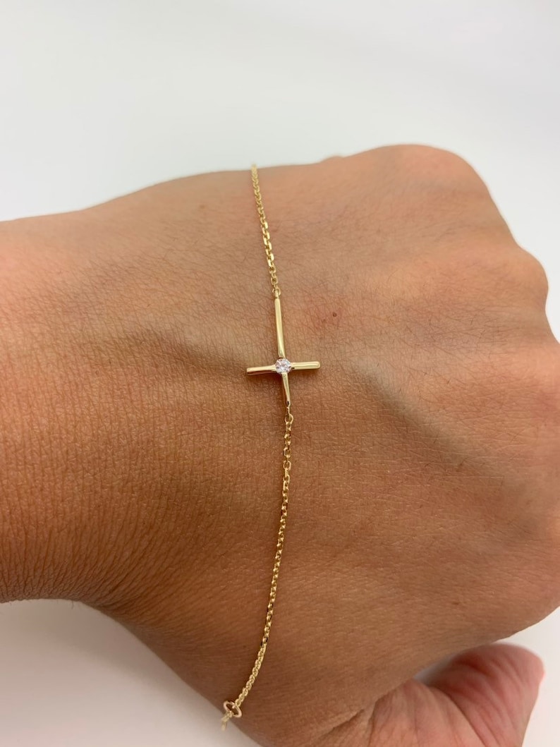14k Solid Yellow Gold Baby Side Cross Bracelet,Religious Bracelet for Child,Christmas Gift,Baptism Gift,Children/'s Jewelry,Sale
