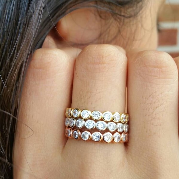 Solid 925 Sterling Silver 14k Gold Plated Tri Color CZ diamond bezel set stackable ring/ wedding band/anniversay band/ Promise Ring