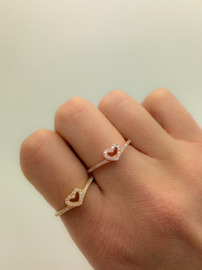 Thin Band Ring Gift for Girlfriend Everyday Ring,Bridesmaid Gift,Tiny Love Ring Dainty Ring 925 Solid Sterling Silver Mini Heart CZ Ring
