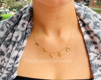 14k Solid Yellow Gold Charms Necklace/  Multi Charm Bracelet/ Minimalist Jewelry, Hamsa, Heart, Crescent, Horse shoe, Horn Necklace,Gift