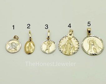 14k Solid Yellow Gold Religious Pendant, Religious Charm, Virgin Mary Pendant, Angel Pendant, Diamond cut Jesus Charm,Religious Jewelry
