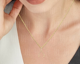 14k Solid Yellow Gold Wishbone Necklace, Good Luck Charm, Chain Layering Chain, Minimalist  Best Selling