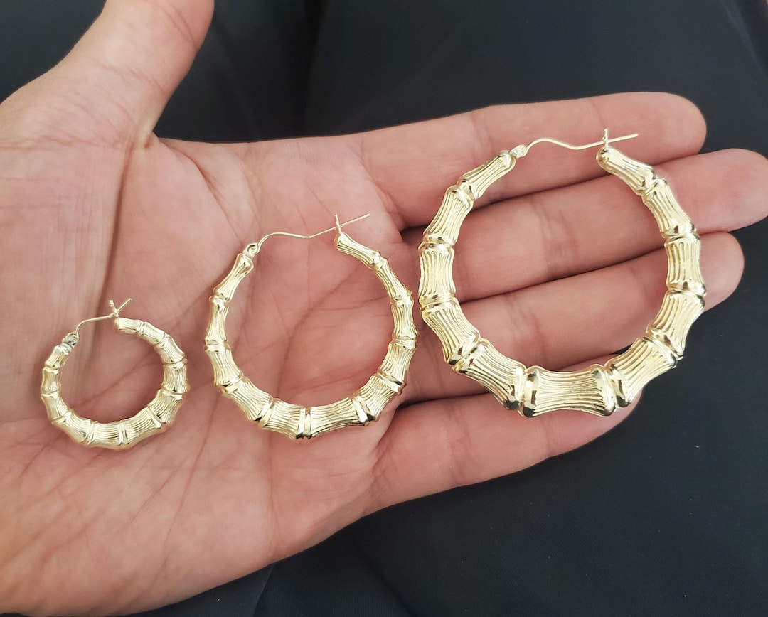 10k Yellow Gold Bamboo Hoop Earrings, Vintage Hoops, Small Hoops