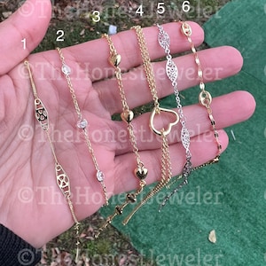 14k Solid Yellow/White Gold Charm Anklet, Open, Heart, Puffed Heart, CZ By The Yard, Infinity, Puffed Mariner Anklet Chain 10&quot; Gift Sale